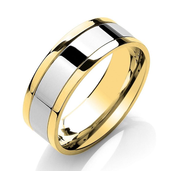 Flat-Court-Two-Colour-with-Parallel-Groove-Wedding-Band yellow gold and white gold