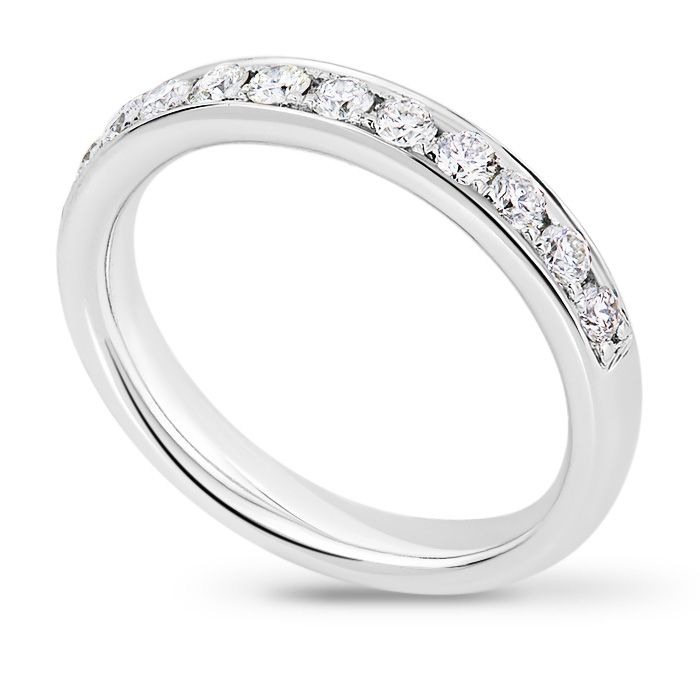 platinum and white gold channel set wedding band with round brilliant cut diamonds 3.2mm