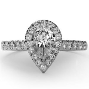 Diamond pear halo and shoulder set engagement ring in platinum Top view