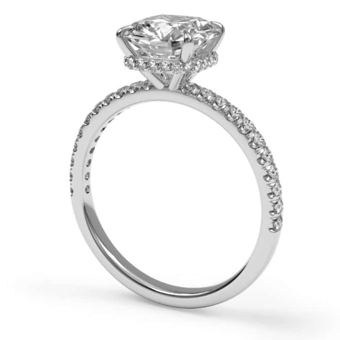 Cushion brilliant cut hidden halo diamond microset pave engagement ring in platinum