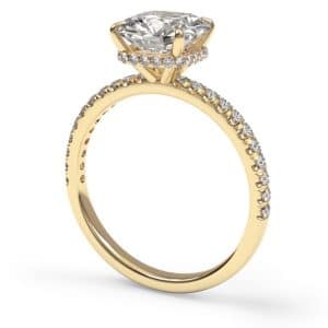 Cushion brilliant cut hidden halo diamond microset pave engagement ring in yellow gold