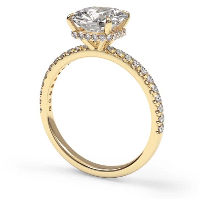 Cushion brilliant cut hidden halo diamond microset pave engagement ring in yellow gold