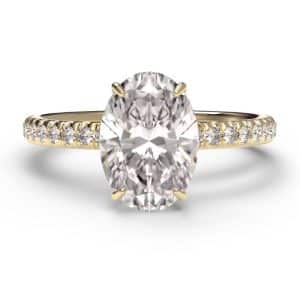 Oval cut hidden halo diamond microset pave engagement ring in yellow gold – birds eye view