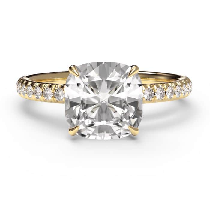 cushion cut hidden halo diamond microset pave engagement ring in yellow gold – top view