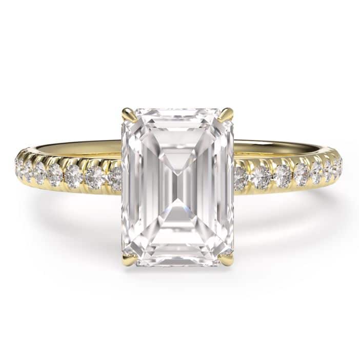 Product image of a yellow gold radiant cut diamond ring birds eye view