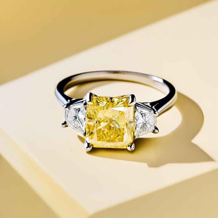 Yellow Diamond Princess Cut trilogy engagement ring