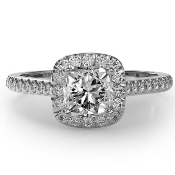 Cushion cut halo in platinum flat view