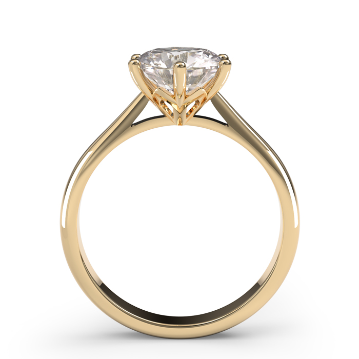 Yellow gold six claw lotus setting diamond engagement ring flat view