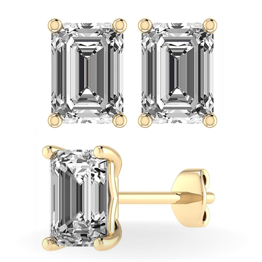 Lab Grown Emerald Cut Diamond Earring Studs yellow Gold