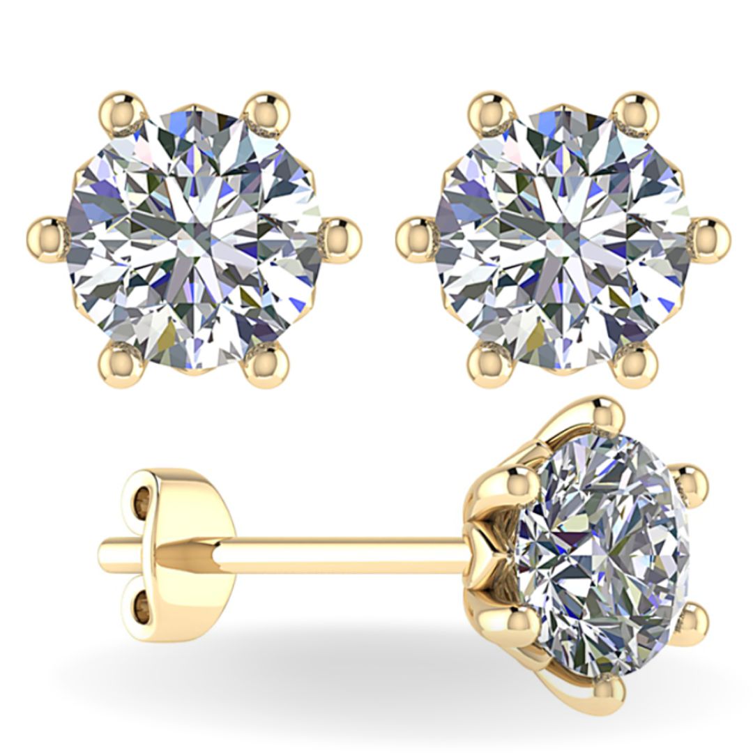 Lab Grown Round 6 claw Diamond Earring Studs yellow Gold