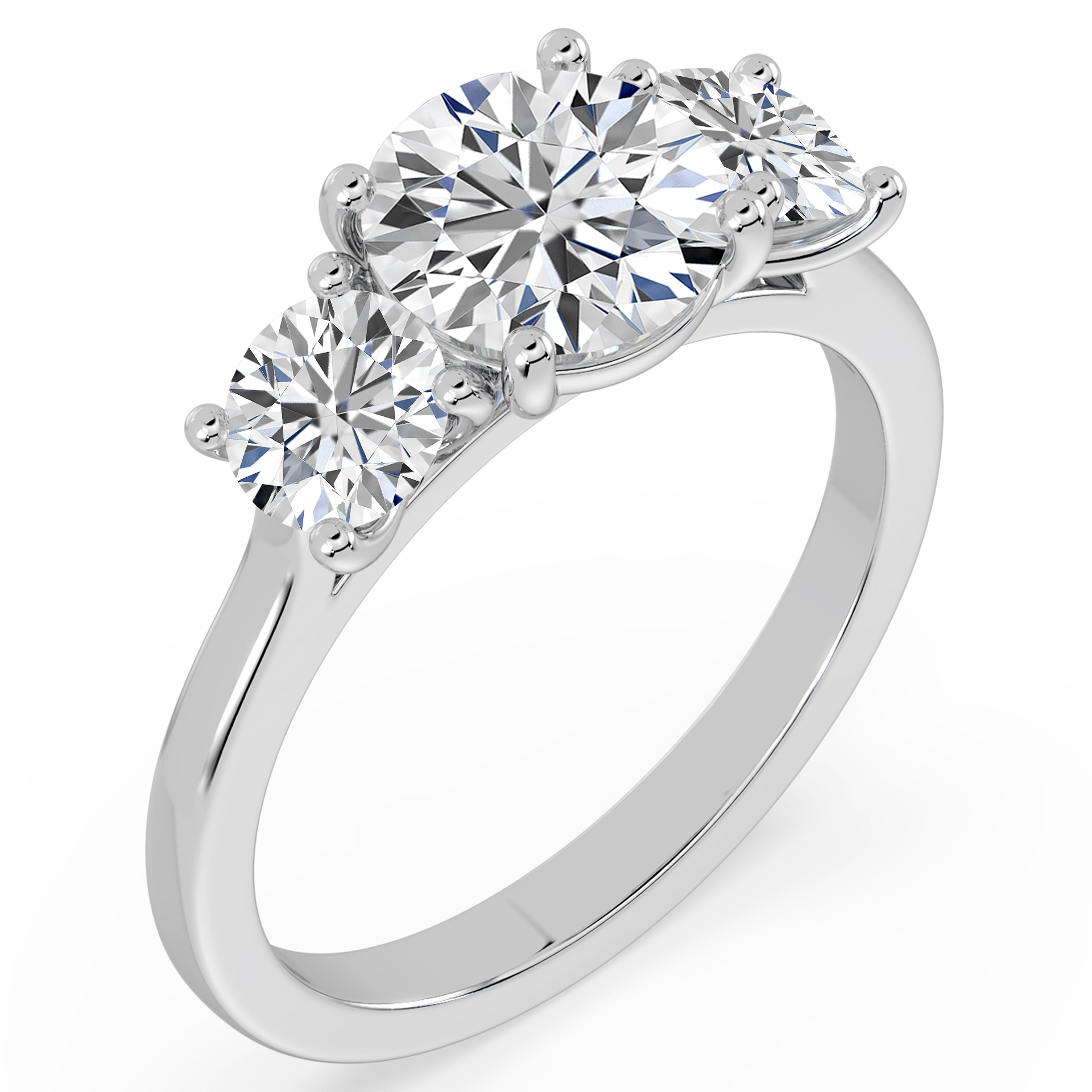 Diamond trilogy engagement ring three round diamonds in platinum perspective