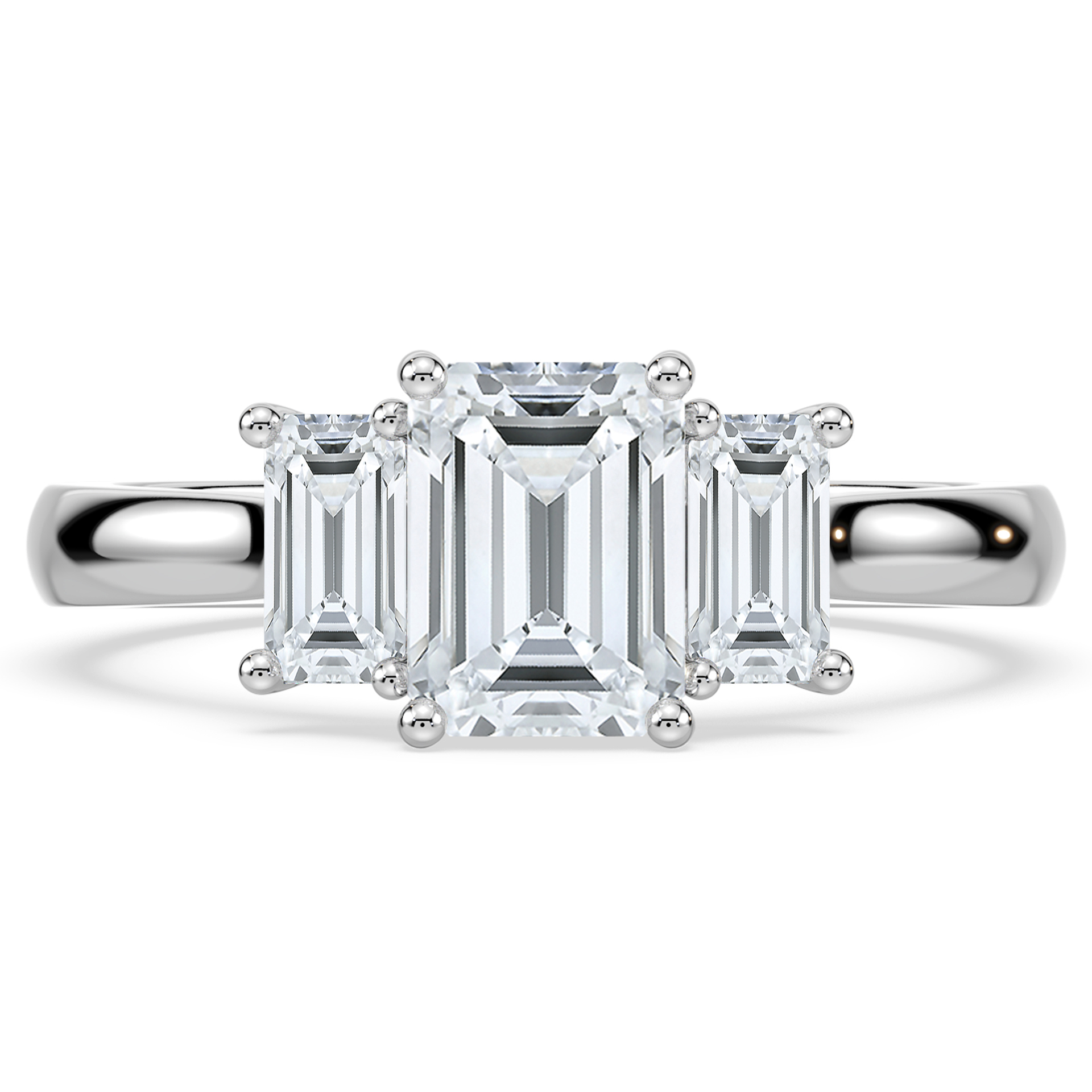 Platinum three stone emerald cut diamond trilogy engagement ring top view