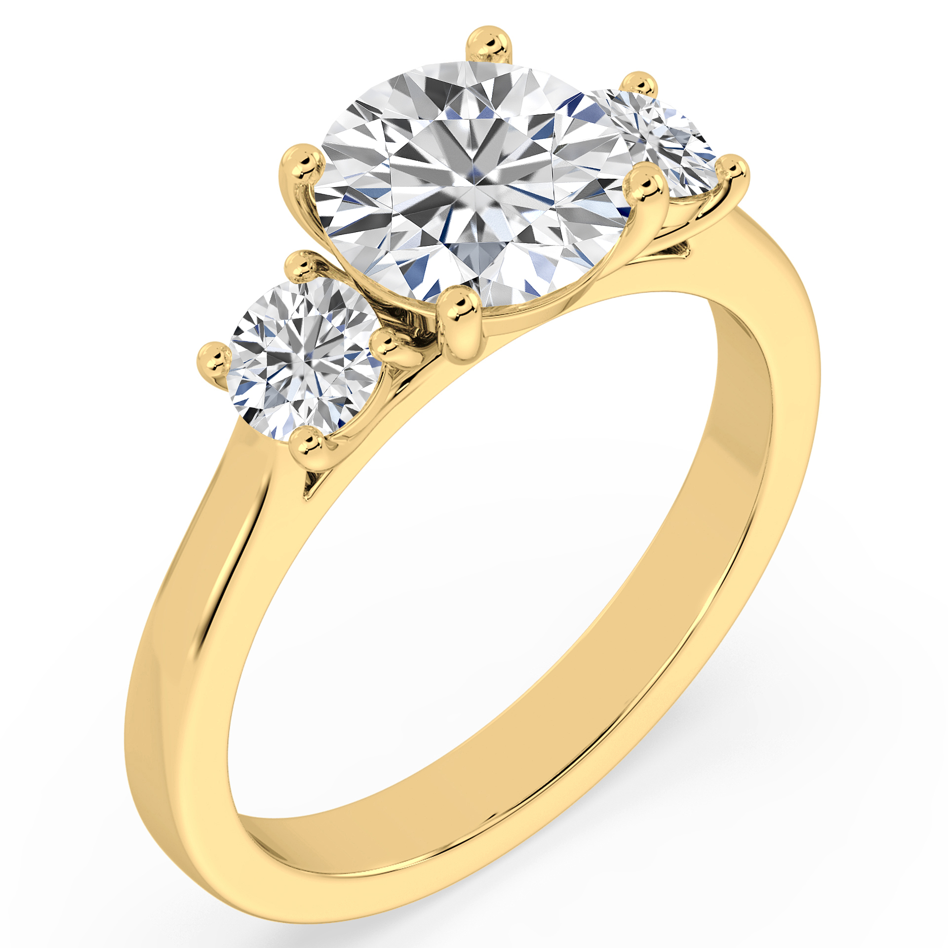 Yellow Gold three stone diamond trilogy engagement ring with three round brilliant cut diamonds