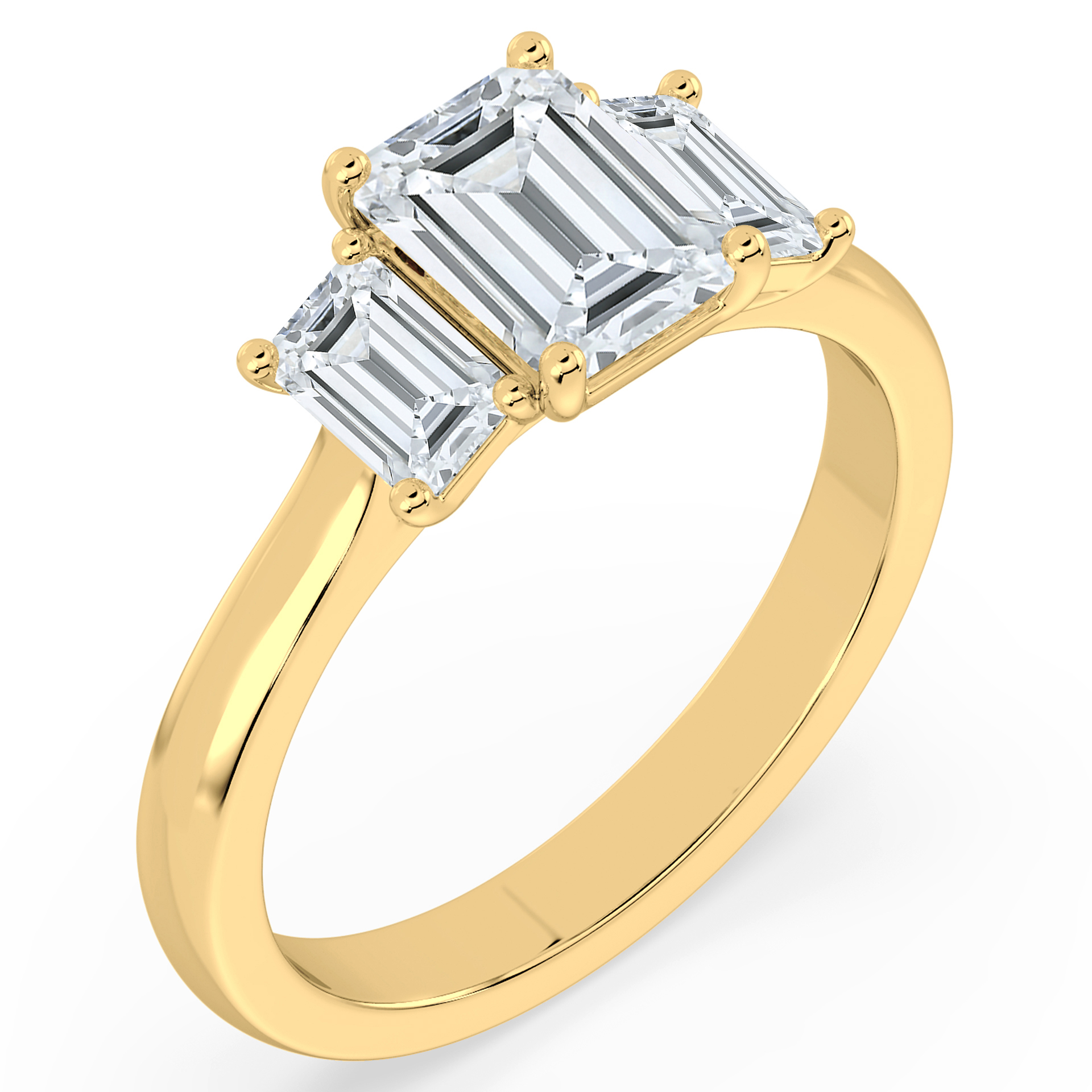 Yellow Gold three stone emerald cut diamond trilogy engagement ring front view