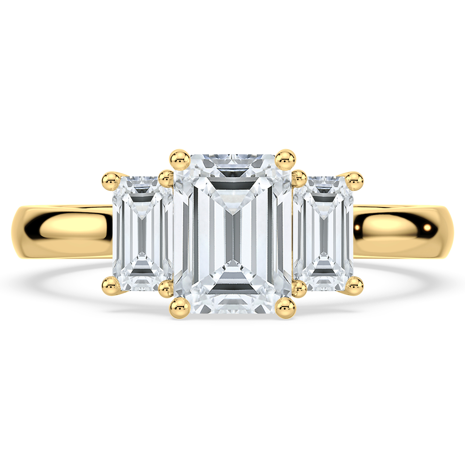 Yellow Gold three stone emerald cut diamond trilogy engagement ring top view