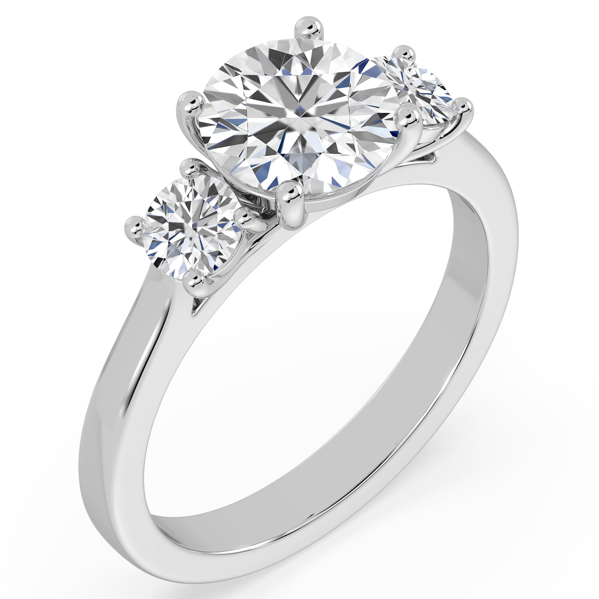 platinum three stone diamond trilogy engagement ring with three round brilliant cut diamonds