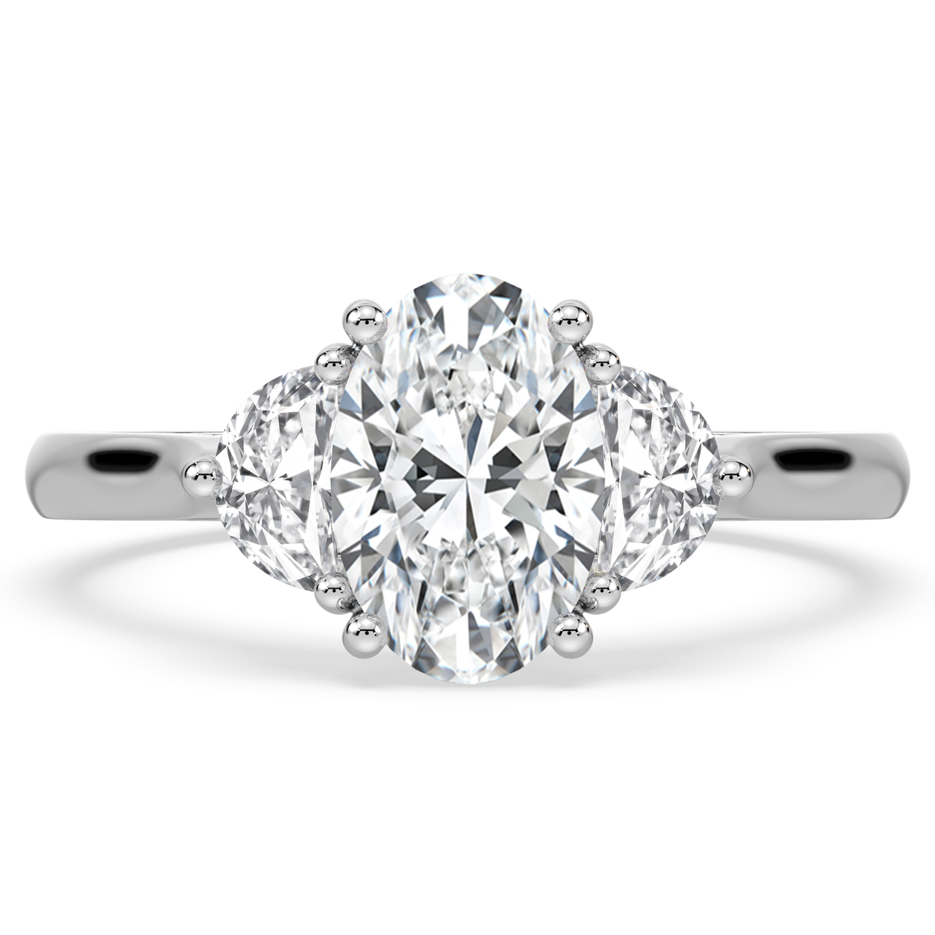 platinum trilogy engagement ring oval centre stone with half-moon diamond outsides top view