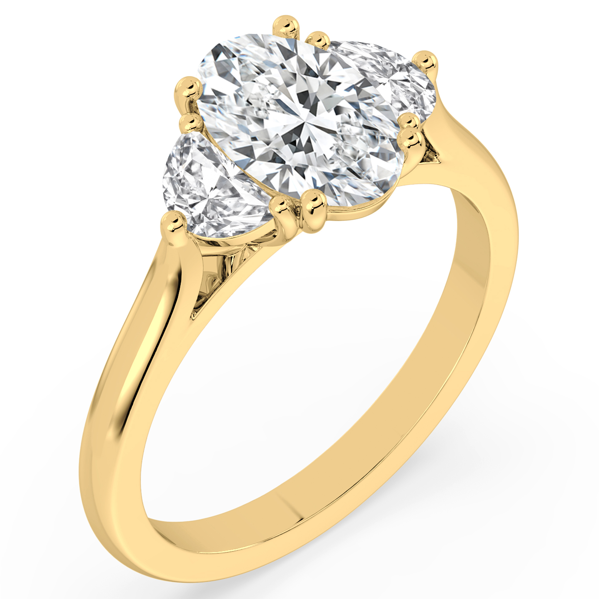 yellow gold trilogy engagement ring oval centre stone with half-moon diamond outsides