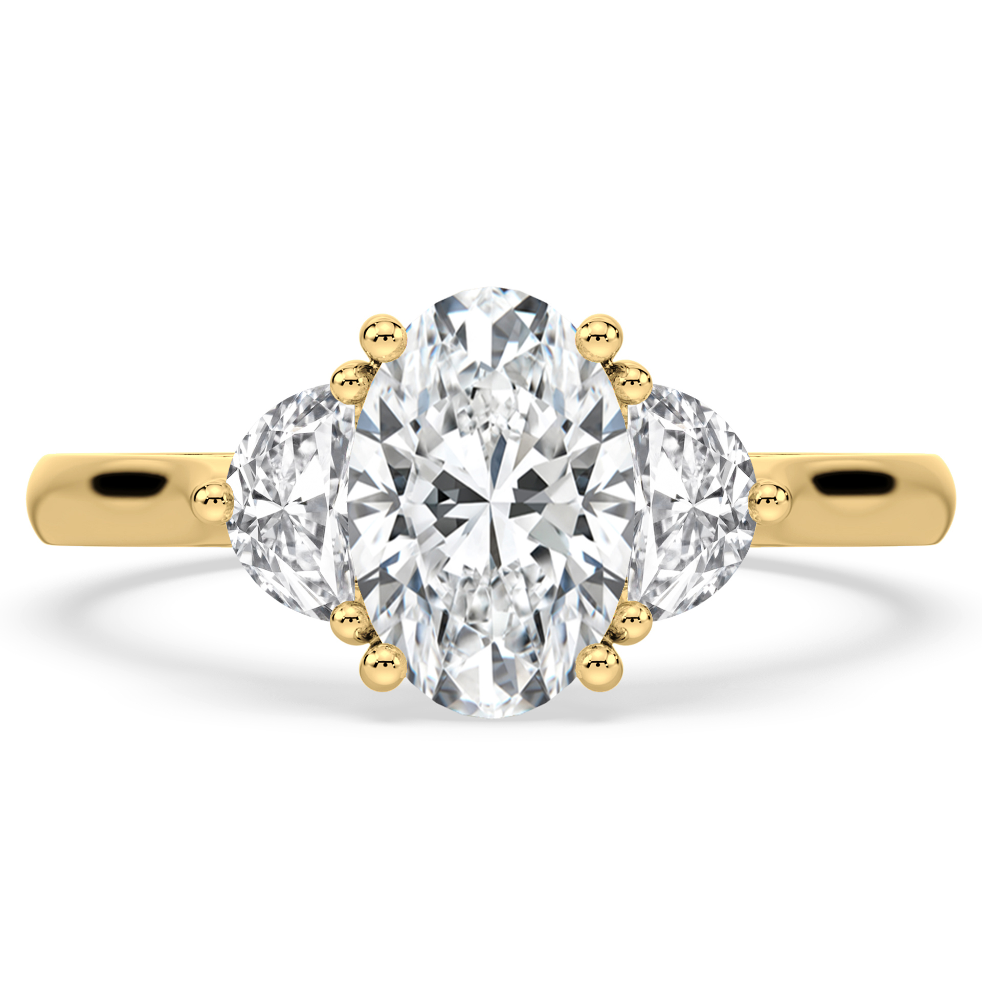 yellow gold trilogy engagement ring oval centre stone with half-moon diamond outsides top view